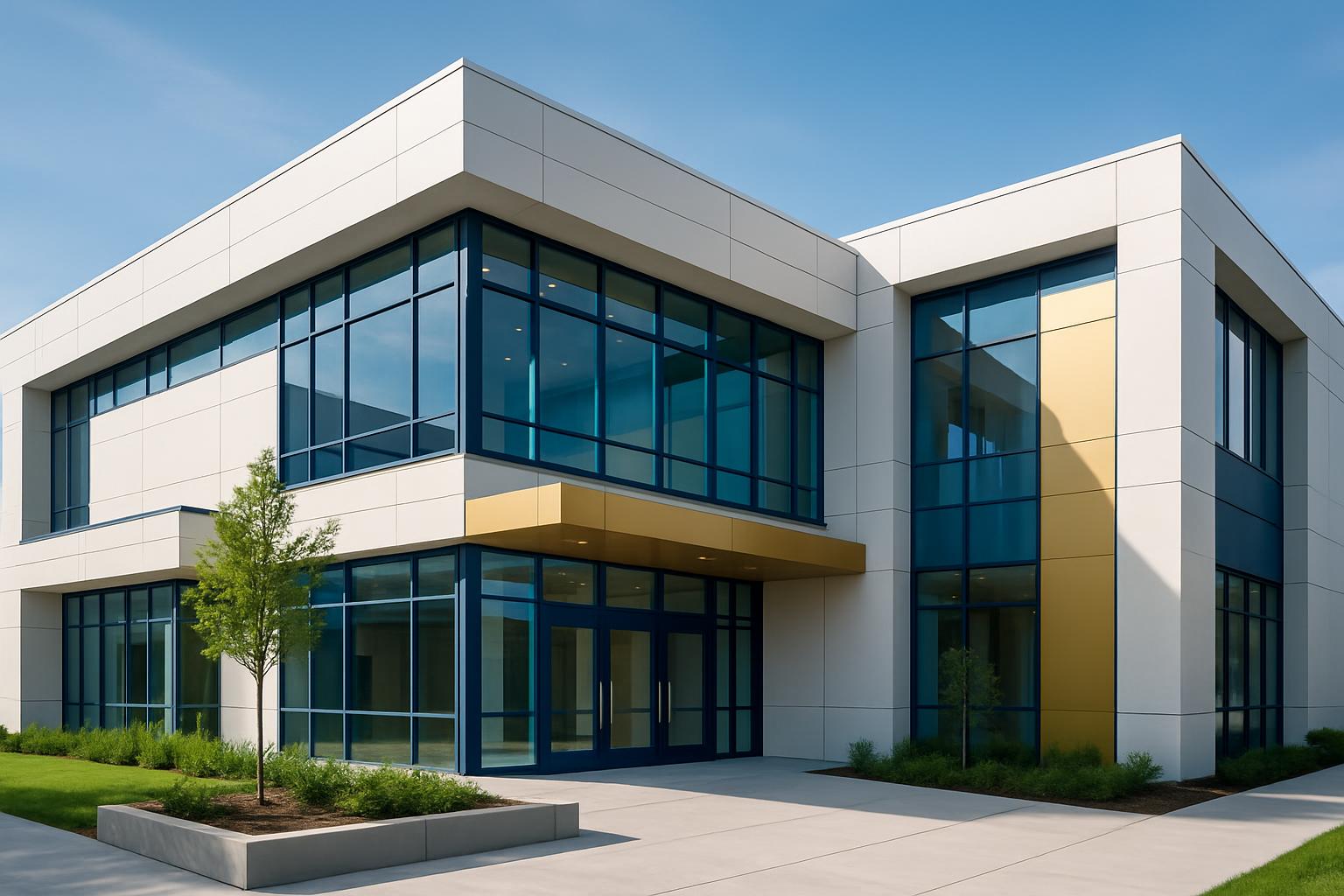 Edifício moderno com grandes janelas e design inovador
